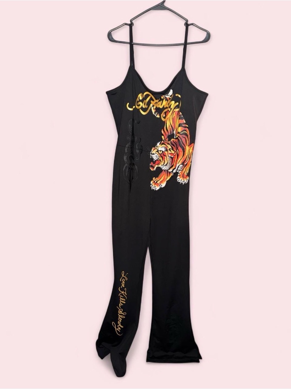Ed Hardy Black Spaghetti-Strap Jumpsuit with Tiger Graphic